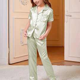紫粉绿条纹女童睡衣甜美夏季新品薄款舒适凉爽儿童家居服宝宝跨境