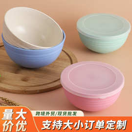 外贸小麦秸秆碗大中小号食用碗带盖家用塑料拉面汤碗餐具礼品批发