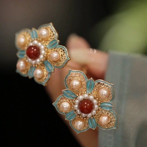 Tang Ming Style Floral Brocade Hanfu Hair Accessories, Simple and Elegant, High-end Sense, Pearl Retro Blue, Five-Star Floral Hairpins and Hairpins