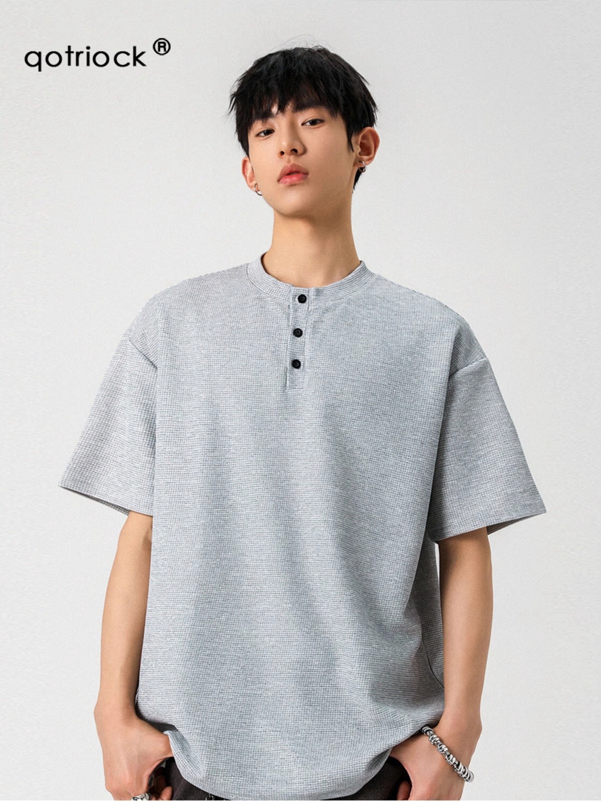 Camiseta de peso pesado con cuello Henry americano para hombre waffle de verano hombro de manga corta camiseta casual suelta