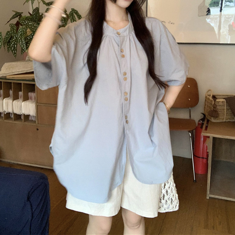 light blue Short-sleeved Shirt Women's 2025 Summer New Arrival plus size chubby girl Loose Belly Covering Doll Shirt Mid-length Top light blue Short-sleeved Shirt Women's 2025 Summer New Arrival plus size chubby girl Loose Belly Covering Doll Shirt Mid-length Top