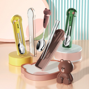 Wholesale 304 stainless steel portable tableware cartoon spoon chopsticks cute office worker student tableware spoon chopsticks suit