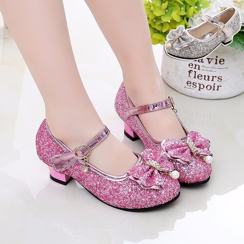New Women's Children's High Heels Princess Shoes for Children Students Performance Silver Pink Spring Girls Comfortable Small Leather Shoes