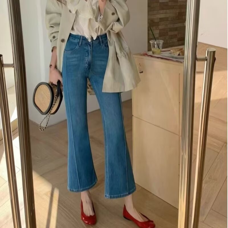 Blue Stretchy Micro-Flared Nine-Point Jeans for Women in Spring and Summer Plus Size Fat mm High-Waisted Slimming Look Trumpet Pants for Small People