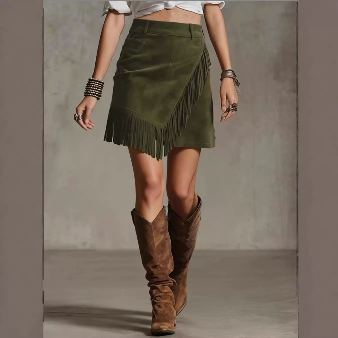跨境欧美 新款女士复古西部风流苏麂皮绒半身裙连衣裙