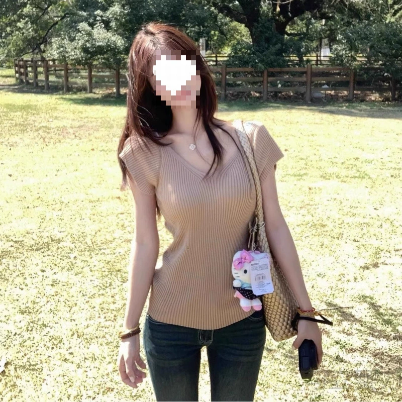 小飞袖冰丝短袖针织衫女T恤2025夏季新款韩系V领修身显瘦薄上衣