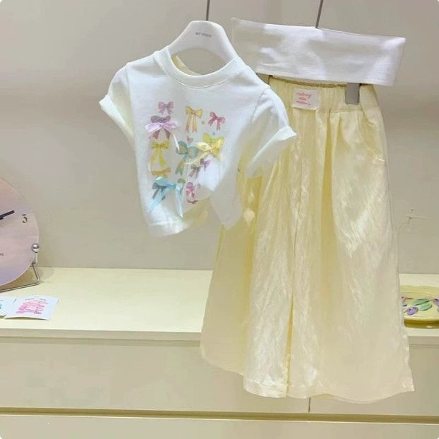 （上衣纯棉 裤子涤纶）女童蝴蝶结短袖套装洋气多巴胺黄色两件套