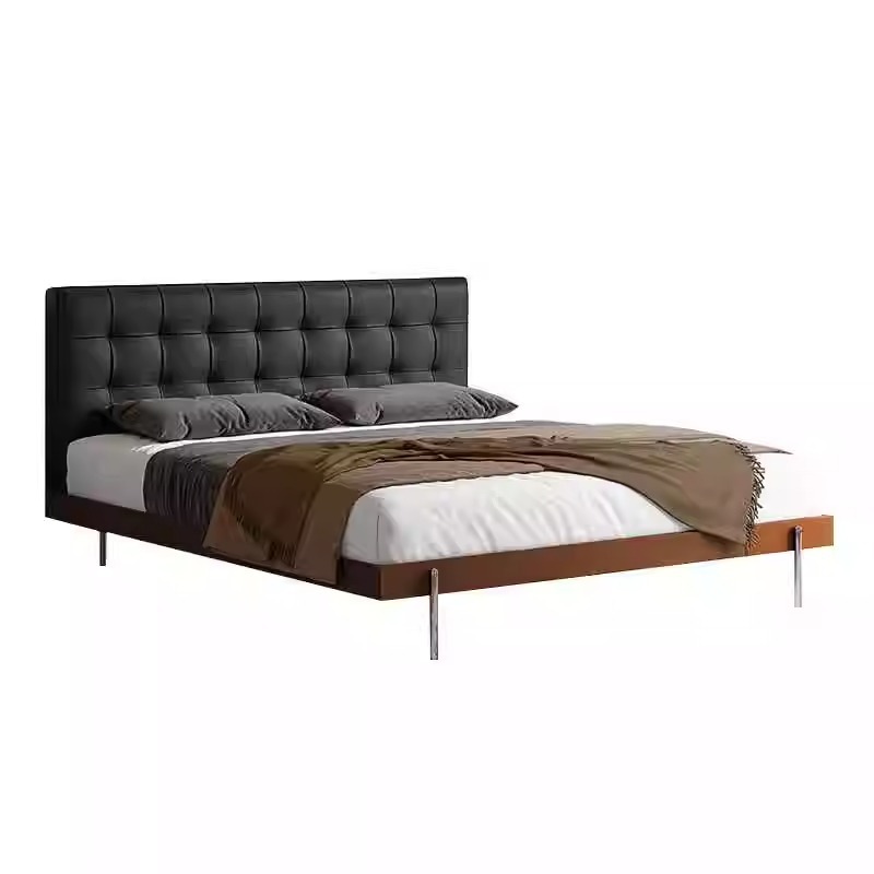 Medieval estilo waffle cama principal atmósfera de alta gama italiana minimalista madera maciza bolsa suave cama doble de piel de vaca negra image 6