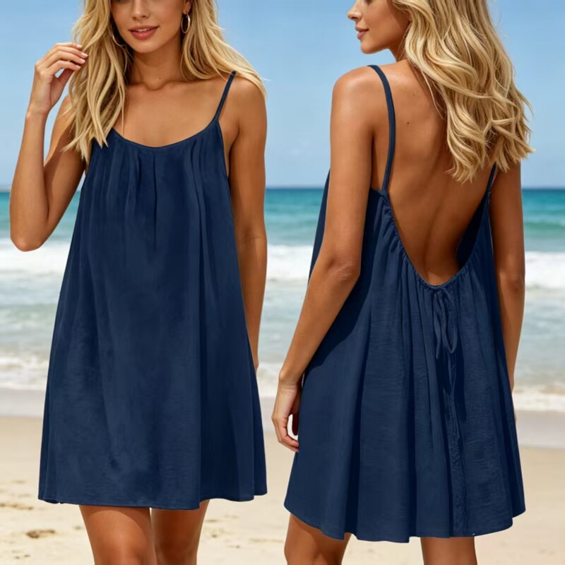 2026 Summer New Style European and American Style Loose Suspender Dress with Backless Cotton and Linen Breathable Holiday Short Dress for Women Summer