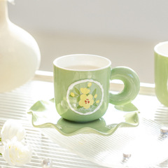 Floral Coffee Mug and Saucer Set, Exquisite High-End Office Home Use Markers Cup, Stylish Ins Afternoon Tea Water Cup
