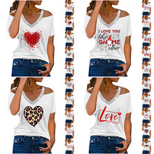 亚马逊wish跨境欧美女装红色爱心字母印花V领露肩短袖宽松休闲T恤