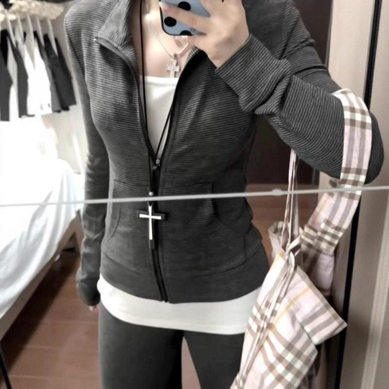Gray Striped Autumn and Winter Sweatshirt Jacket for Women, Slim Fit Top, Korean Style Casual Pants, Winter Suit, 2026 New Old Money Style
