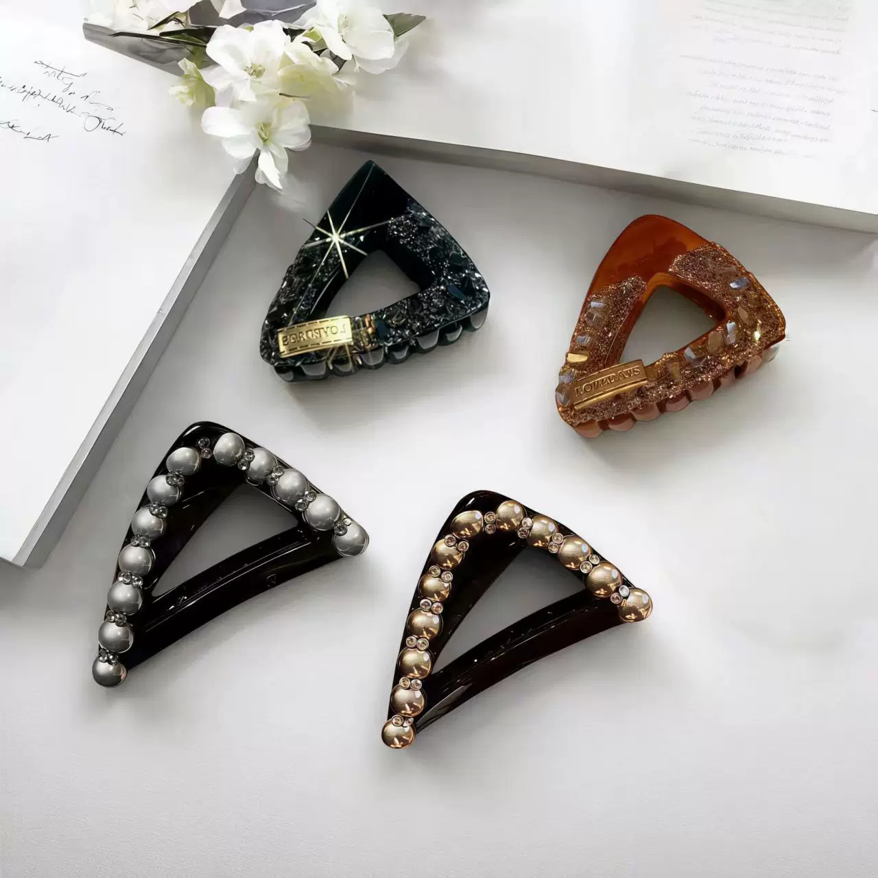 八公分新款香槟色珍珠抓夹立体感亚克力发夹女后脑勺盘发鲨鱼夹女