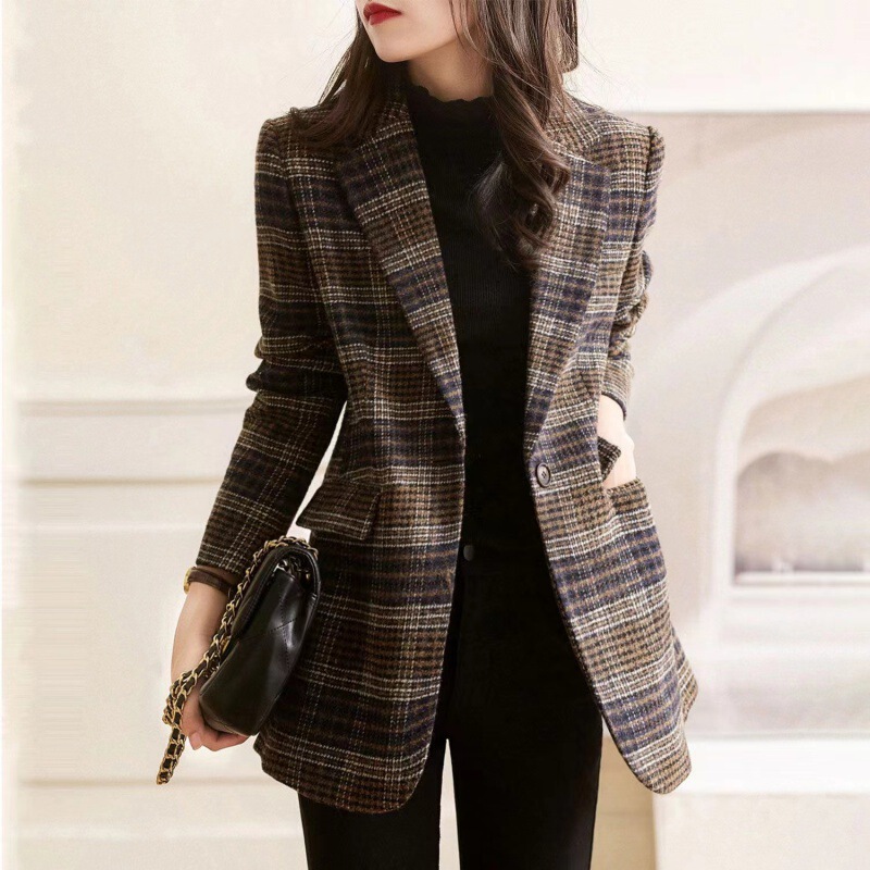 2023 autumn new plaid suit jacket Women's British style fashionable western style commuter woolen OL small suit jacket
