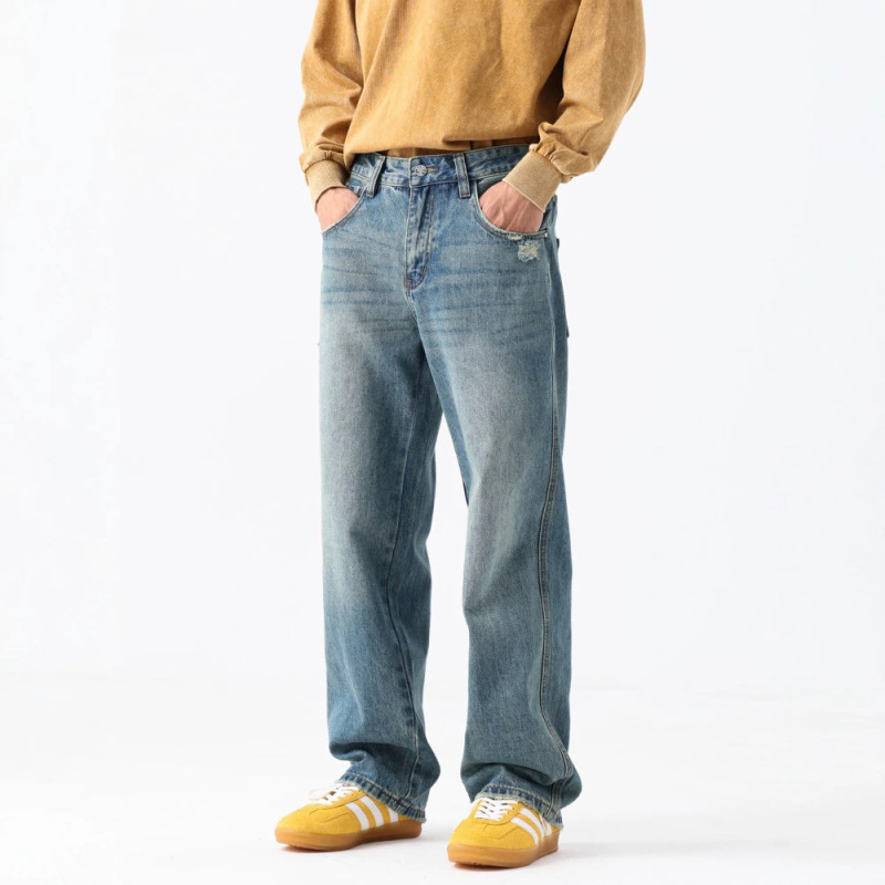 Cotton Mountain Men's Summer Blue Jeans Loose Straight Wide-Leg Plus Size Retro Xintang Washed Casual Pants Cotton Mountain Men's Summer Blue Jeans Loose Straight Wide-Leg Plus Size Retro Xintang Washed Casual Pants