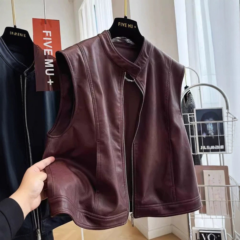 2026 High-End Style Stand-Collar Motorcycle Leather Vest for Women, Spring and Autumn Sleeveless Layered Pu Leather Jacket Vest Coat