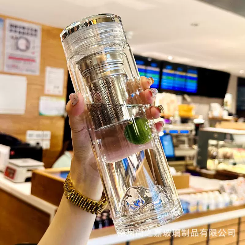 双层玻璃杯 400ml耐高温男女观山杯高硼硅商务茶水分离泡茶杯批发