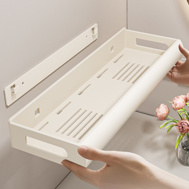 Cream White No-Drill Bathroom Storage Rack, Wall-Mounted, Detachable, Suitable for Bathroom, Balcony, and Washroom