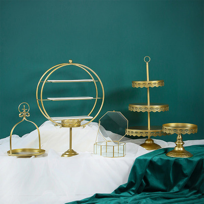 Tabla de postres de estilo europeo, estante de exhibición de bodas, banquete de bodas, estante de pastel, estante de té de la tarde, estante de golden snack set de 7 piezas