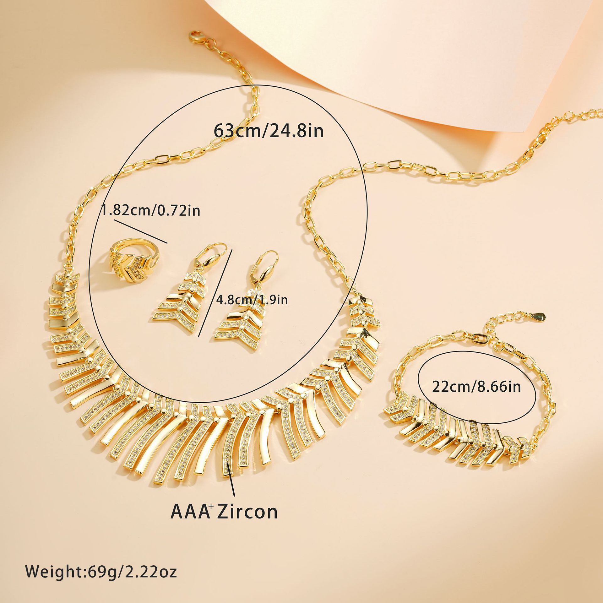 Conjunto transfronterizo de diseño europeo y americano joyas collares de hueso de pescado pulseras anillos de orejas de diamante exagerado conjunto de cuatro piezas
