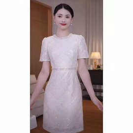 2047风白色亮片连衣裙女短袖轻奢气质优雅收腰短裙轻奢女装