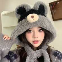 日系卡通小熊雷锋帽子女冬季保暖护耳防寒帽大头围毛绒绑带针织帽