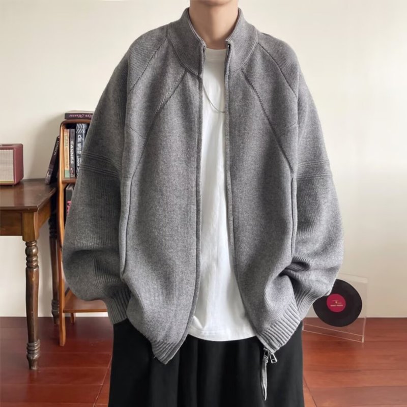 秋冬季新款慵懒风简约百搭纯色拉链男士休闲宽松毛衣针织立领开衫|undefined