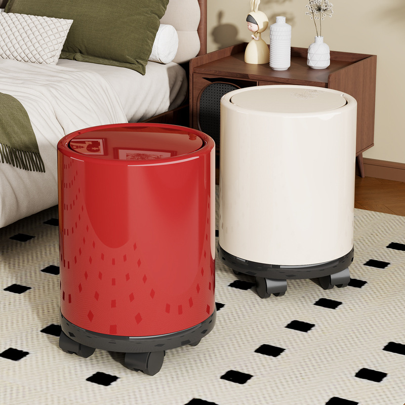 Trash Can for Home Use, Simple and Luxurious Wood Grain Storage Bin with Wheels, Mobile Cleaning Bin, Press-Type Double Bin, Thickened Sanitary Bin