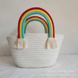 新款棉绳彩虹包，海边度假休闲编制女包，手提草变包