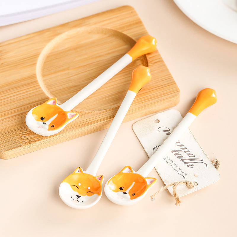 Cerámica Shiba Inu Corgi pintada a mano pequeña cuchara niños alimentación del bebé lindo suplemento alimenticio de dibujos animados cuchara de sopa cuchara hogar