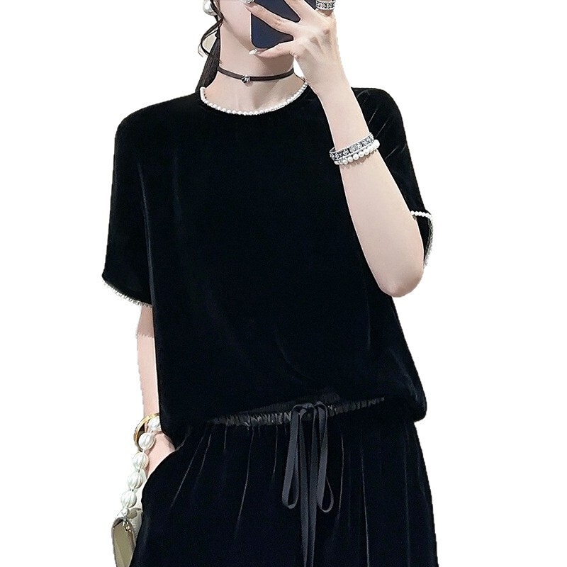 989 エレガントなラウンドネック半袖パールシルクベルベットトップ、女性用、S M L XL XXL、返品交換不可！|undefined