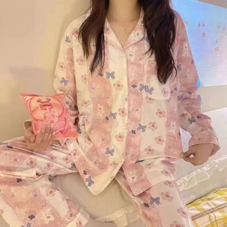 メーカー卸売春と秋の女性用パジャマ漫画ホーム服女の子長袖ズボンラペル在庫ありかわいいダブルロング|undefined