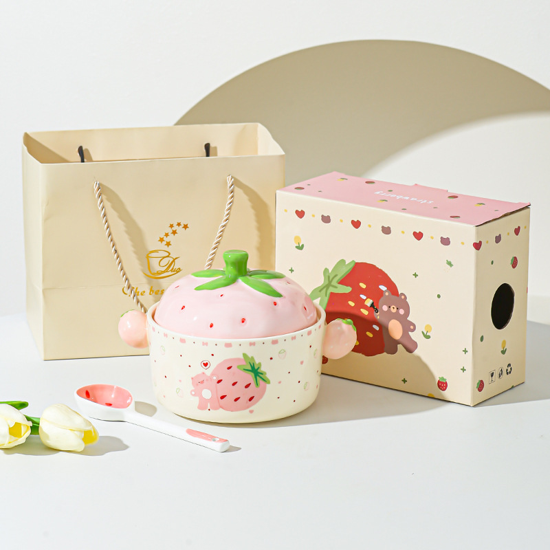 Cartoon Strawberry adorable tazón de fideos de chicas bolos de fideos caseros bolos de cerámica de doble oreja con cubierta cubierta de platos de regalo set de platos