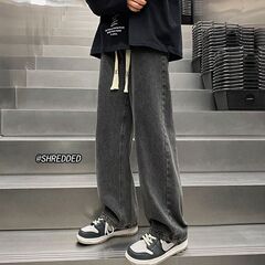灰色のジーパンの男性の直筒のゆったりしている広脚のカジュアルなズボンの秋のファッションのブランドの大きいサイズの韓国版の潮流のお父さんのズボン