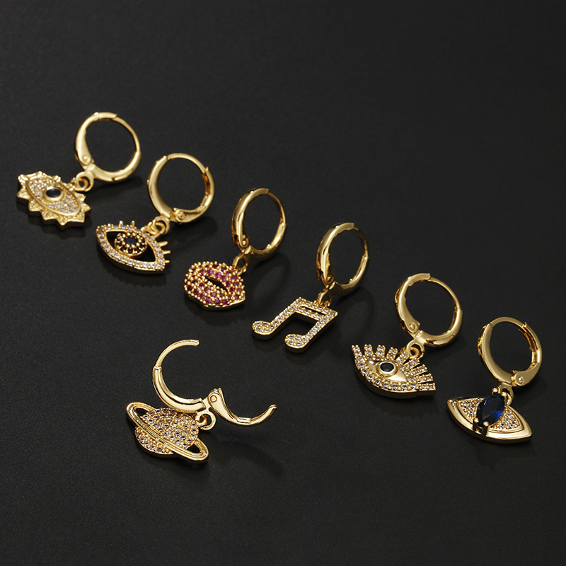 Fashion Devilu0027S Eye Coconut Tree Notes Copper Plating Inlay Zircon Drop Earrings 1 Piece