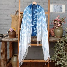 大理丽江古镇海岛旅行植物扎染蓝染加大围巾披肩防晒流苏长围巾