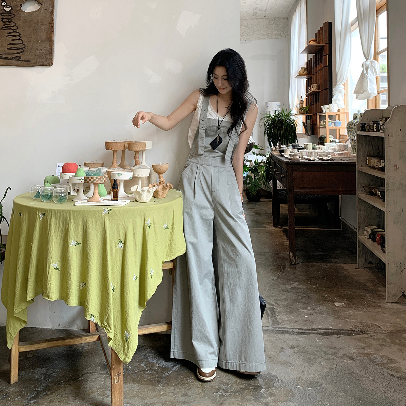 2025 New Korean Style Gray Jumpsuit Casual Pants Overalls Loose Wide-Leg Floor-Length Pants Women's Gray Trousers