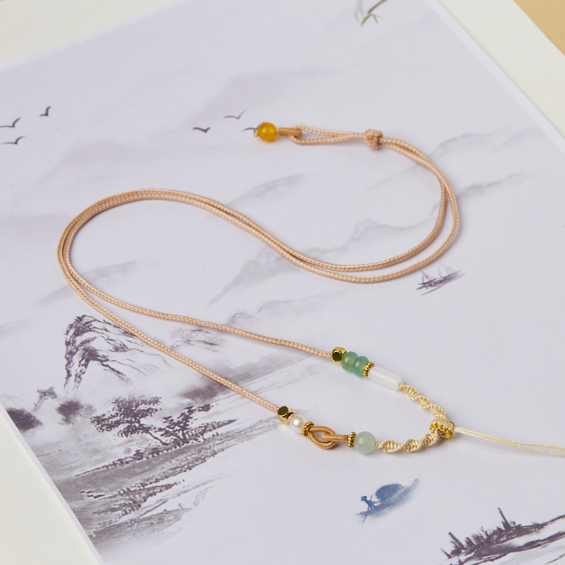 2mm Fine Jade Pendant Necklace with Braided Transfer Knot and Shell Beads, Adjustable Neck Strap for Men and Women