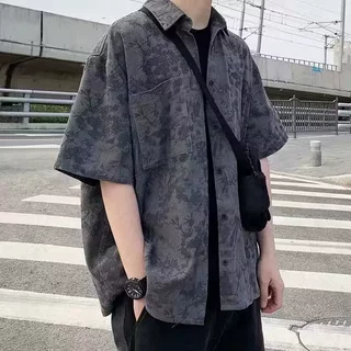 扎染短袖衬衫男2026夏季美式复古宽松休闲潮流百搭高级感冰丝衬衣