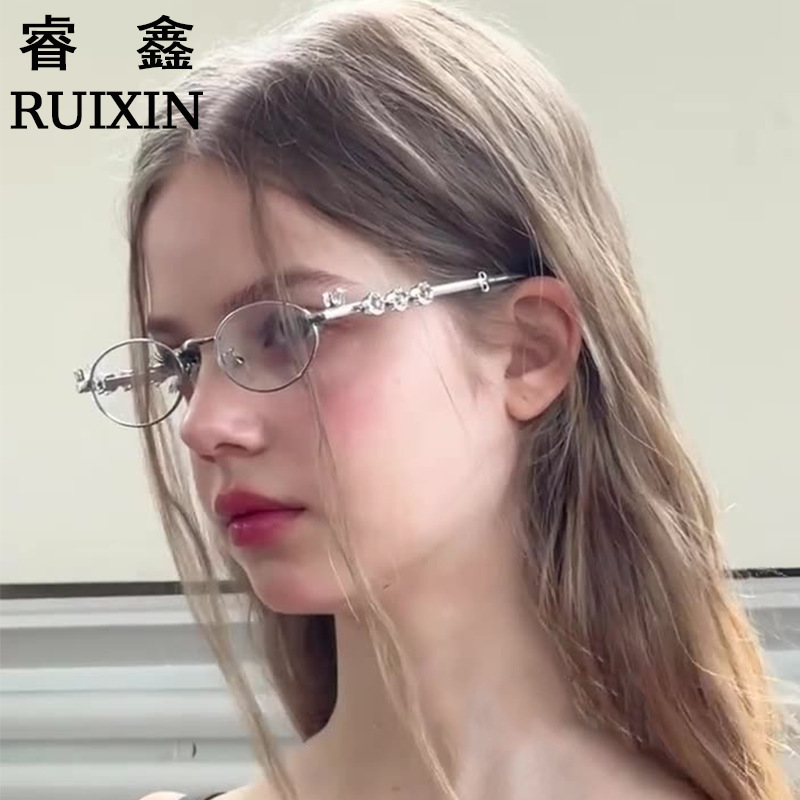 25 years new diamond-encrusted high-end sense women's sunglasses personalized oval small frame sunglasses anti-blue light glasses frame men