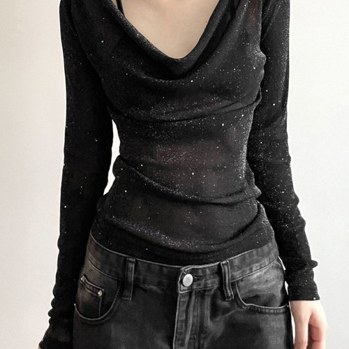 Stylish and Unique Women's Long-Sleeve Blouse with Design Elements, Sheer and Fitted for a Slimming Effect, Trendy and Fashionable 