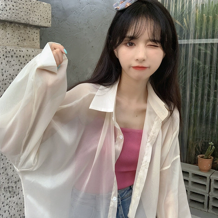 Белая перламутровая Солнцезащитная одежда, женская рубашка 2024, новый летний тонкий прозрачный супер фея, шифоновый топ