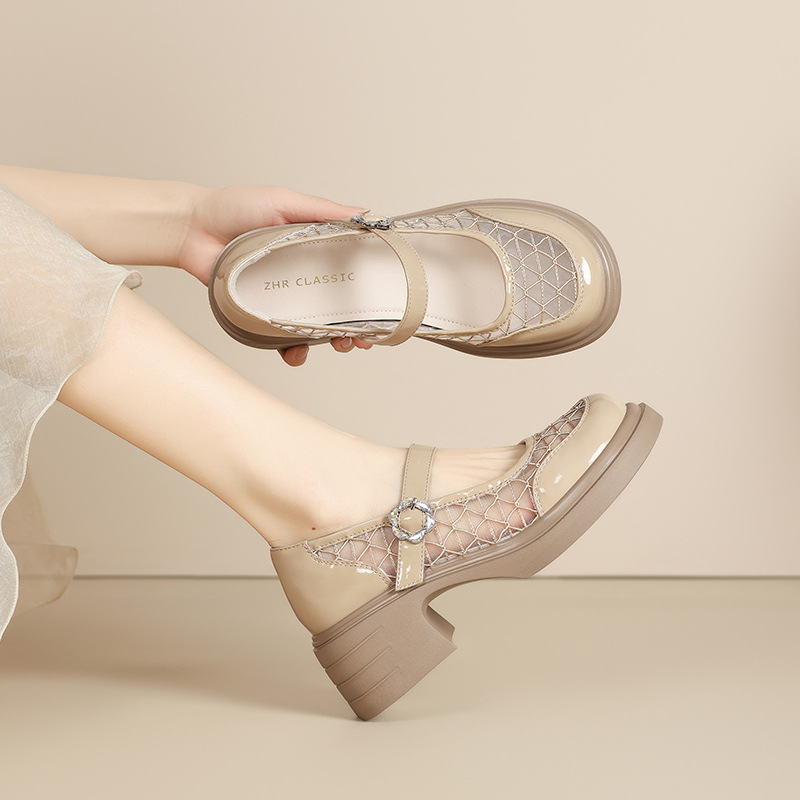 Giày Mary Jane nữ quai ngang gót thô kiểu Pháp, lưới thoáng khí đế dày — AW121 màu đen