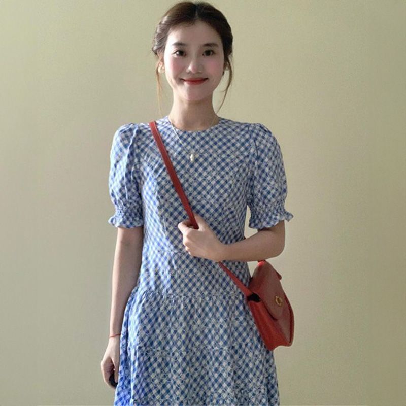 2025 Summer New Style Elegant Bubble Plaid Waist-Cinching Dress for Women, Blue Plaid High-End Dress 2025 Summer New Style Elegant Bubble Plaid Waist-Cinching Dress for Women, Blue Plaid High-End Dress