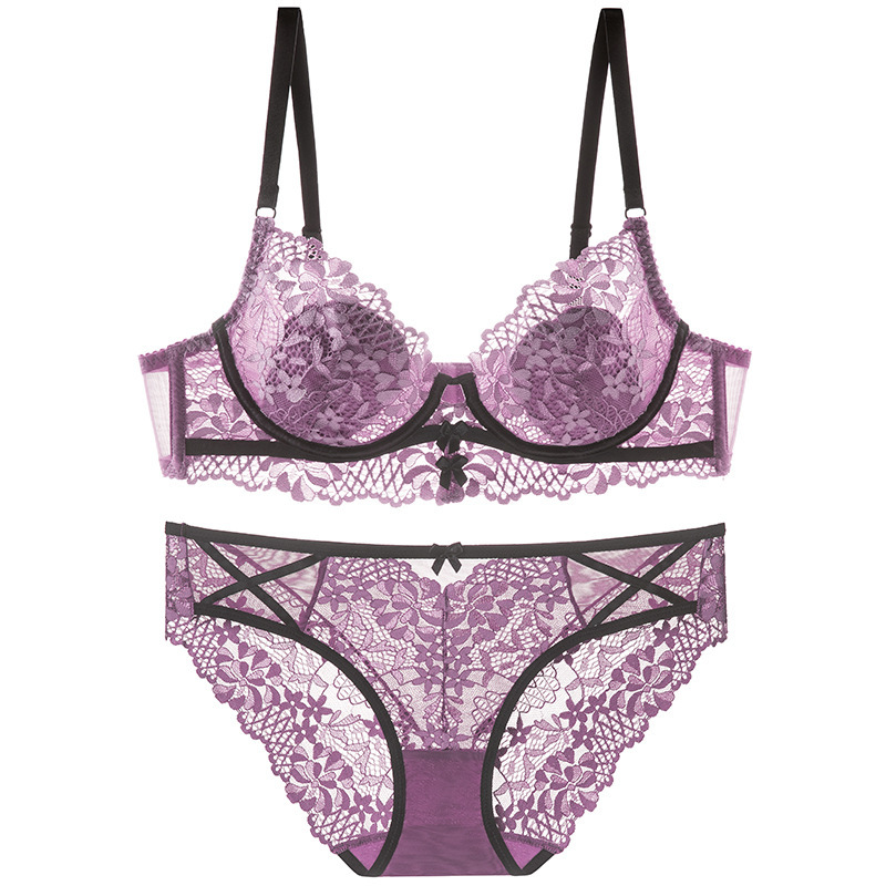 Cross-Border French-Style Sexy Lingerie for Women, Ultra-Thin Pure Desire Lace Bra with Bow, Minimizes Large Busts, Anti-Sagging Bra