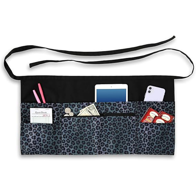 Delantal floral con estampado de leopardo transfronterizo, cremallera, bolsillo grande, encaje, falda corta ajustable, ropa de trabajo de camarero, delantal