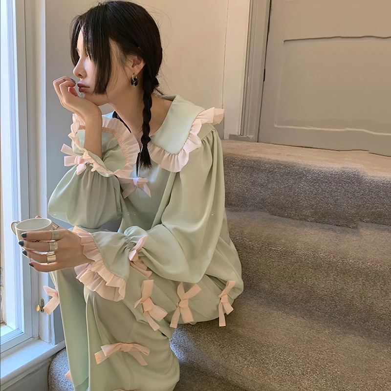 Spring and Autumn Imitation Cotton Cute Design Bowknot Pajamas for Women, New Korean Style Long-Sleeve Cardigan Set for Girls, Can Be Worn Outside