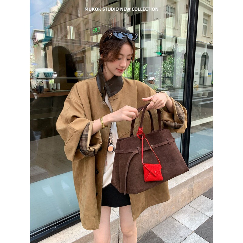 巴恩风咖色立领撞色格纹麂皮绒设计夹克外套女2025秋季新款宽松潮|undefined