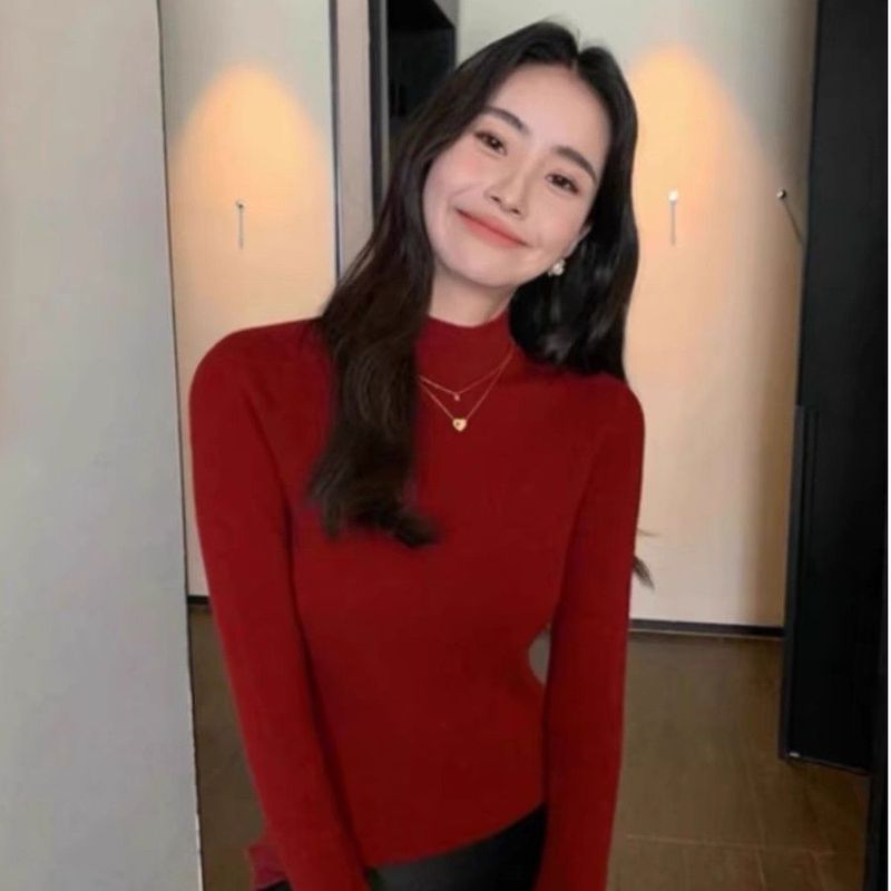 洋气纯色半高领修身内搭打底毛衣女装春秋2025新款正肩长袖针织衫|undefined