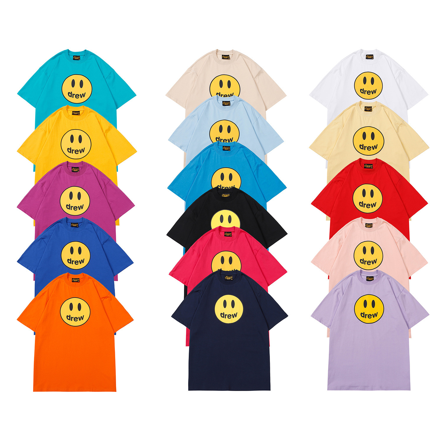 Drew Smiley Face Double Yarn Fabric Short Sleeve Justin Bieber Same Style High Street Loose Style Unisex T-shirt